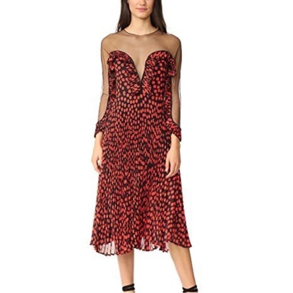 DELFI COLLECTIVE Katia Dress Polka Dot Sheer Top Pleated Skirt USA🇺🇸MADE SMALL
